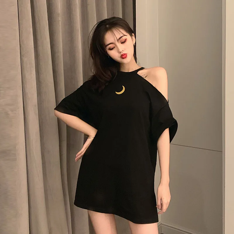 Black T-shirt Женские футболки Харадзюку с принтом Луны, короткий рукав, без бретелек, Свободный Топ, футболки, Летние повседневные футболки для женщин - Цвет: Black T-shirt