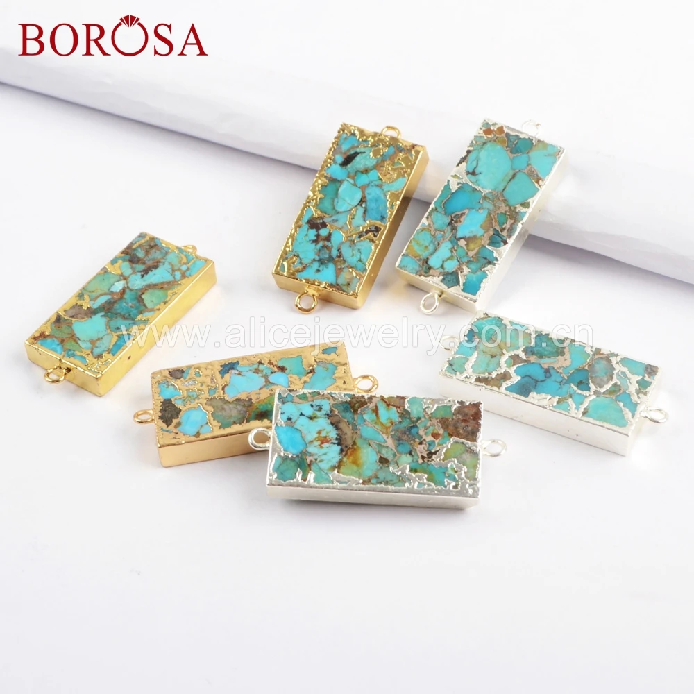 

BOROSA 5PCS Natural Stone with Metal Connectors Rectangle Copper Turquoises Gold-color Connector for Necklace G1699