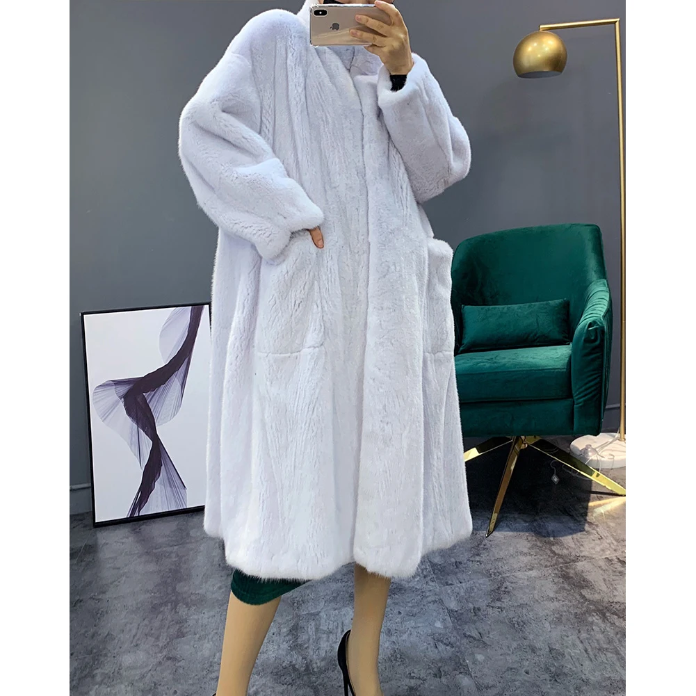 Women's Mink Fur Coat Long With Stand Collar Thick Warm Jacket White Plus Size Outwear | Женская одежда