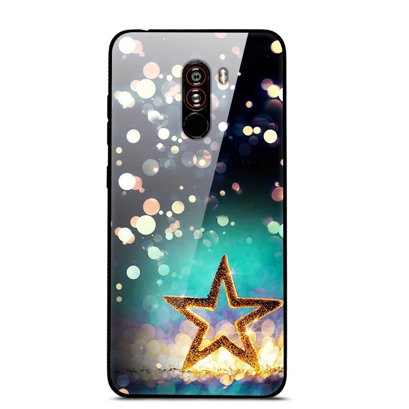 Светло-желтый Чехол для Xiaomi Pocophone F1, закаленное жесткое заднее стекло, чехол для Xiaomi Poco F1, силиконовый мягкий бампер, чехол с принтом - Цвет: Светло-желтый