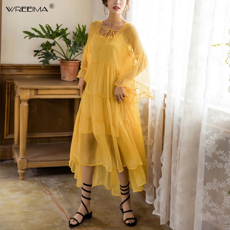 Женское шифоновое платье в богемном стиле желтое и красное пляжное