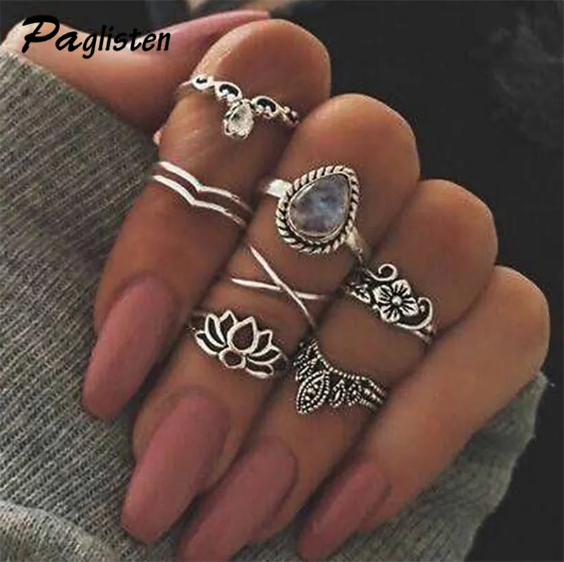 

PAGlisten Luxury 7 Pcs/Sets Midi Lotus Rings For Women Vintage Jewelry Fashion Bohemia Flowers Finger Joint Ring
