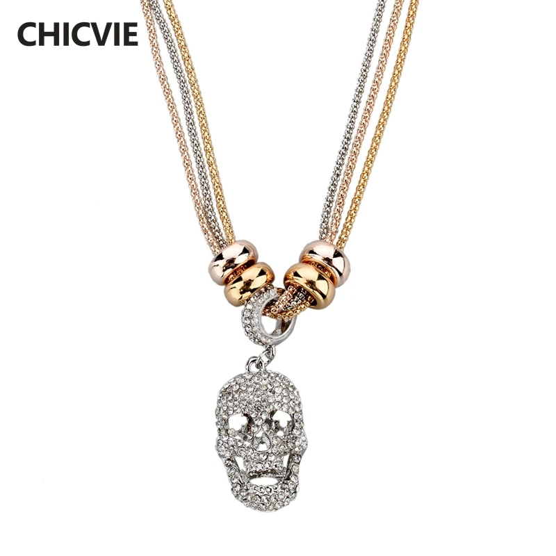 

CHICVIE Crystal Bead Skull Necklaces & Pendant Gold color Long Statement Vintage Accessories For Women Steampunk Ethnic Jewelry