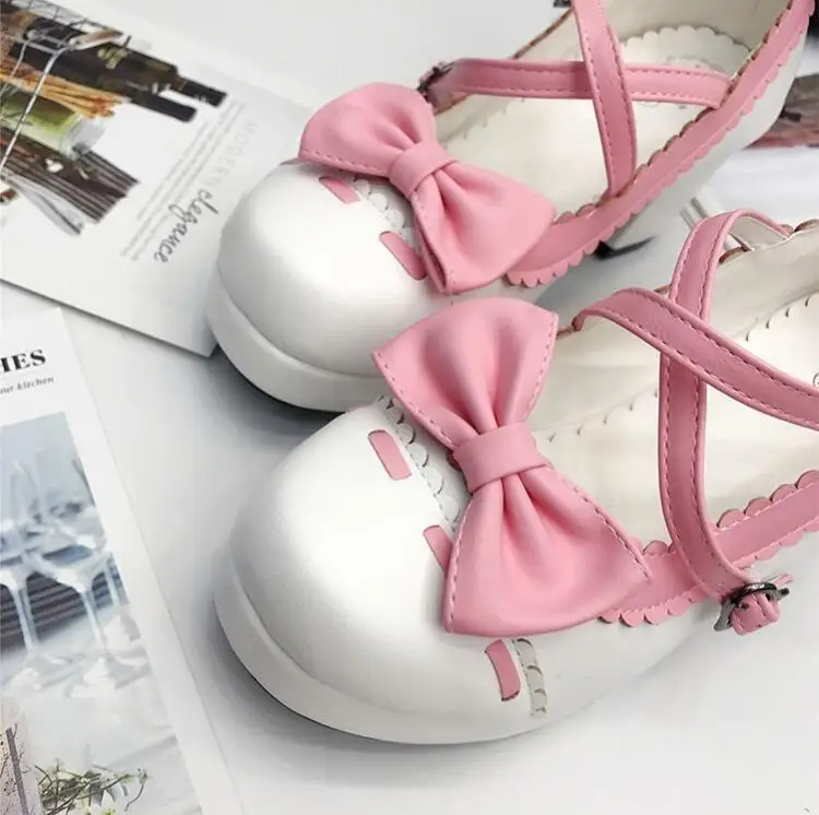 

Japanese sweet lolita shoes vintage round head thick heel women shoes cute bowknot cross strap kawaii shoes cosplay loli
