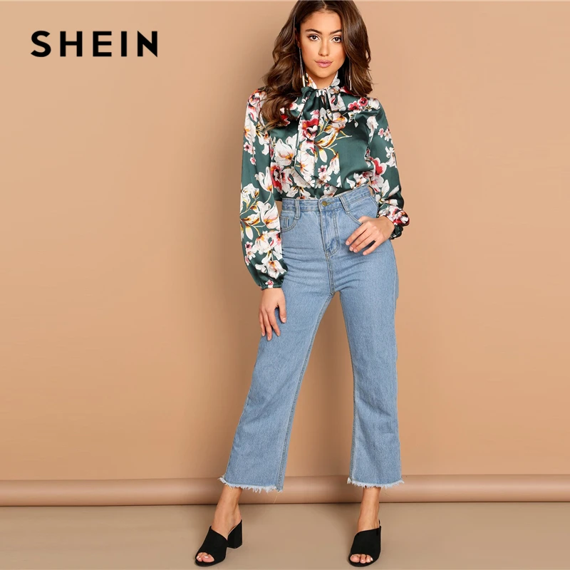 SHEIN Нарядная Атласная Блузка С Цветочным Принтом Блузка С Длинным Рукавом И Бантом