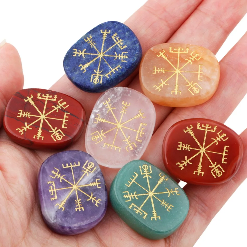 TUMBEELLUWA 7 Chakra Engraved Symbols Crystal Healing Reiki Energy Balancing Palm Stone Worry Stone,Set of 7