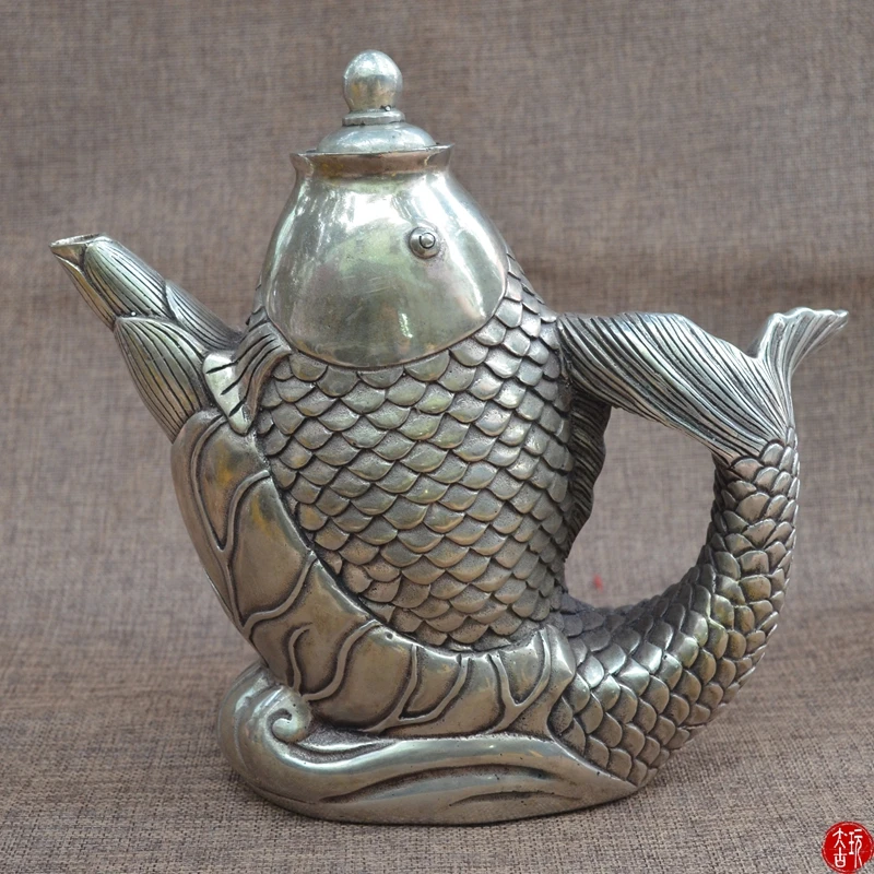 

Редкий Старый QingDyansty(QIANLONG:1711-1799) серебряный чайник с рыбками, лучшая коллекция и украшение
