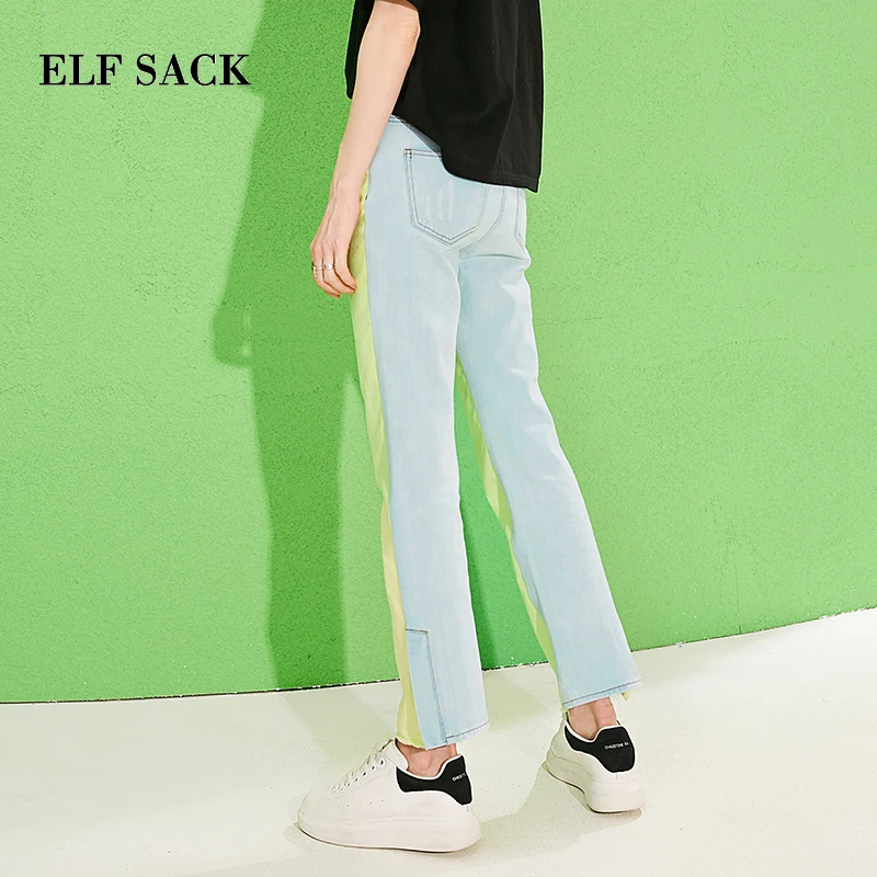 ELFSACK, новинка, женские джинсы, хлопок, средний контраст, пэтчворк, полная длина, женские брюки, большие, Kpop, джинсовые брюки, женские брюки