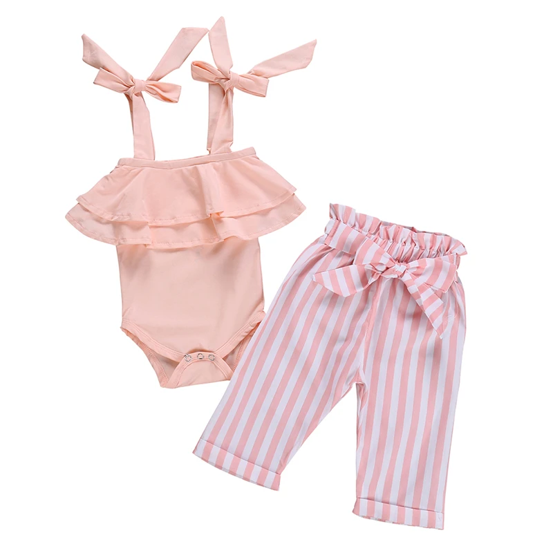 

2019 Summer Toddler Kids Baby Girls Halter Bodysuit Tops+Striped Pants 2Pcs Outfits Clothes