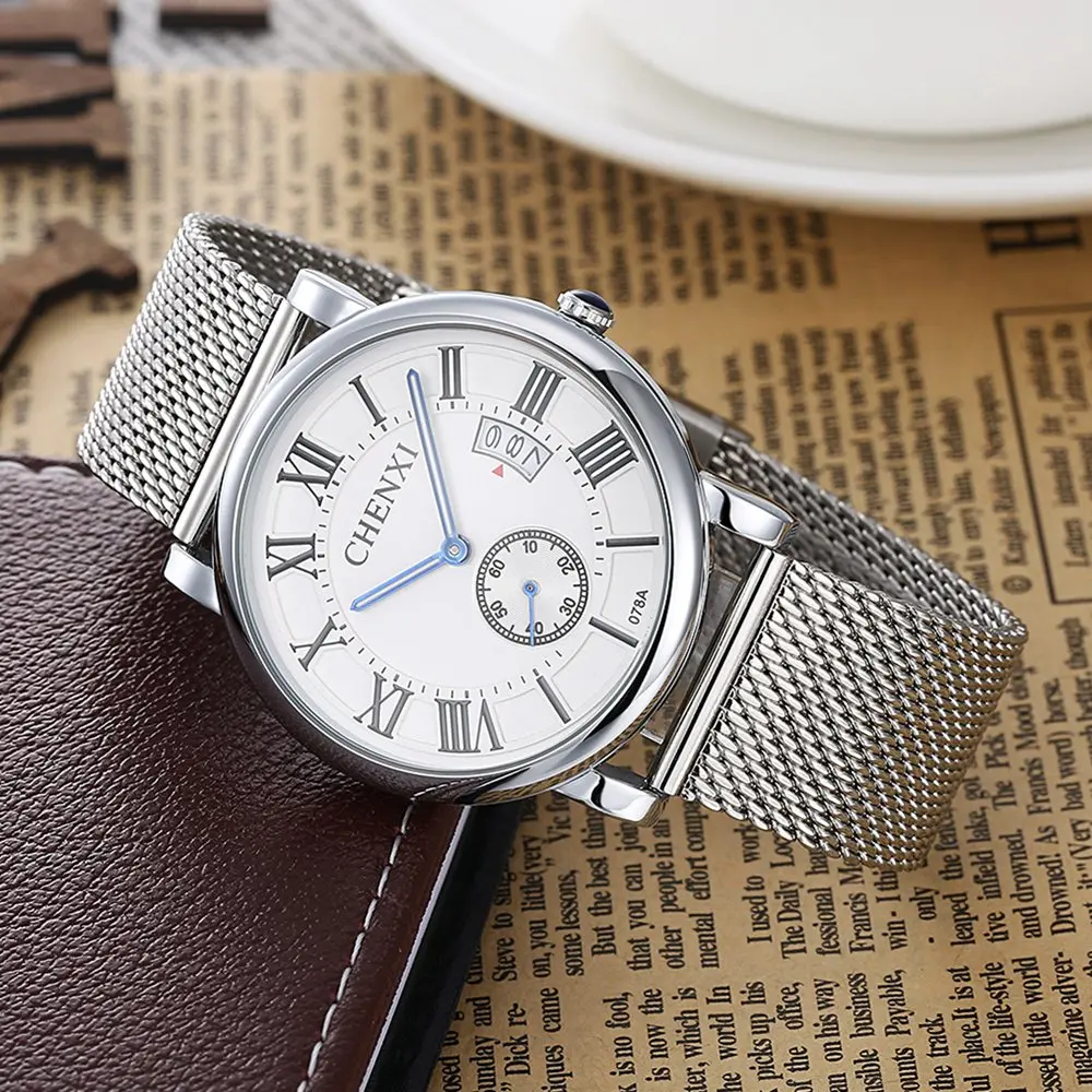 CHENXI серебро Бизнес часы Для мужчин римскими цифрами секундомер Календари