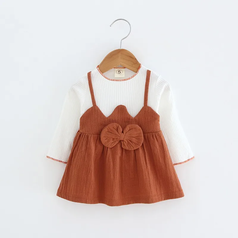 Baby girl summer autumn sweet dress kids baby suspenders fake two-piece bow long-sleeved high quality | Мать и ребенок