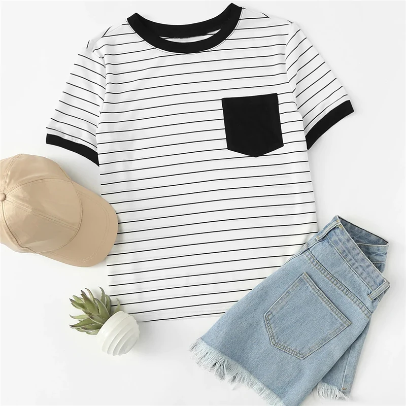 Dotfashion Black And White Patch Pocket Striped Ringer Tee Women Casual Tops Summer Short Sleeve Preppy Colorblock T-Shirt