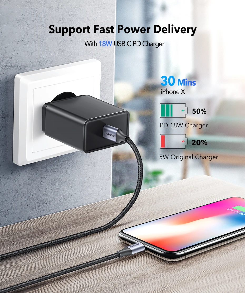 Ugreen MFI certified usb c to lightning charging cable for iPhone xs max xr x 8 7 6s plus 5 ipad pro PD cable fast charger short