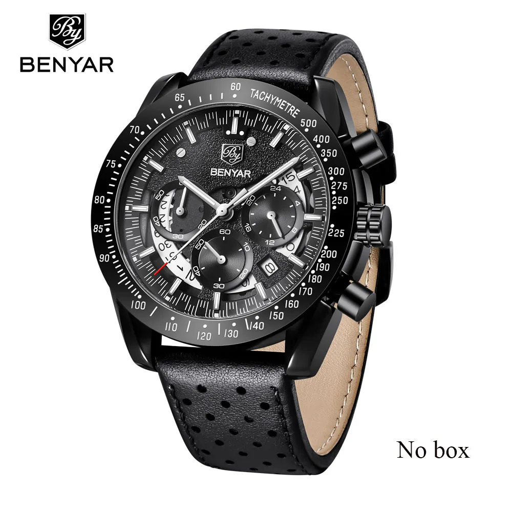 NO BOX L black Топ люксовый бренд BENYAR мужские часы спортивные бизнес Стальные кварцевые часы повседневные мужские наручные часы с хронографом Relogio Masculino - Цвет: NO BOX L black