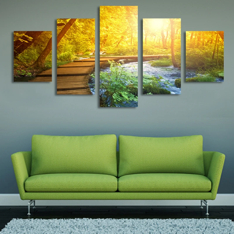 2017 Настоящая Горячая Распродажа Неоправленная 5 Частей Современного Холста Картины Декоративного Пейзажа Леса Заката Для Домашнего Декора.