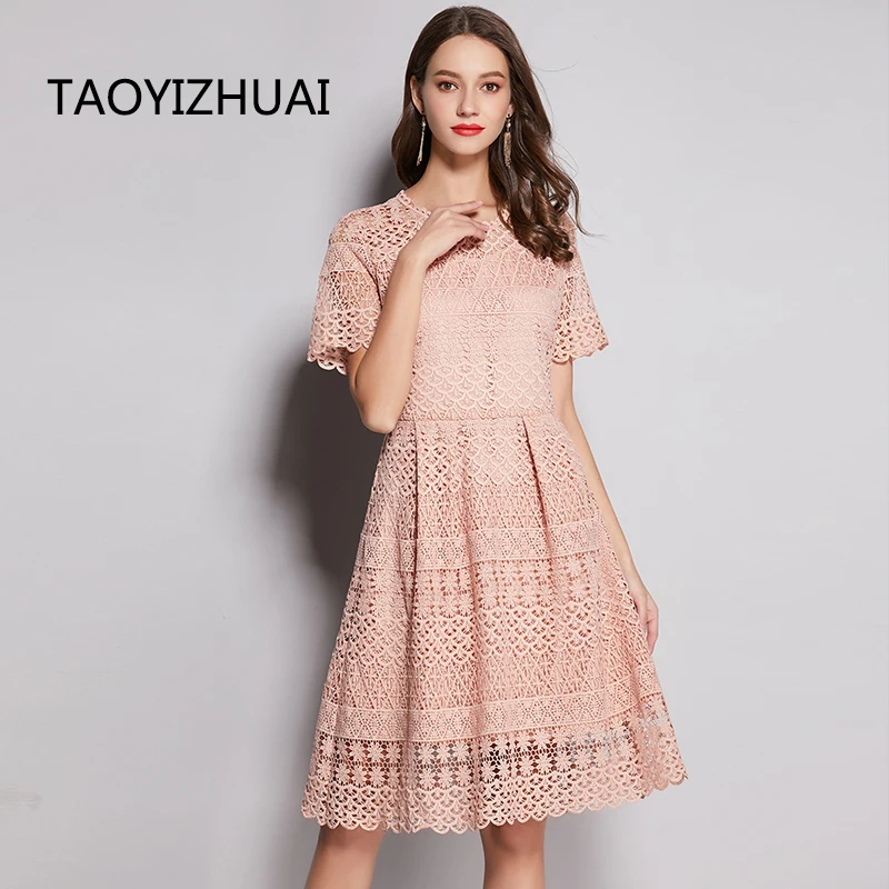 Женское кружевное платье TAOYIZHUAI элегантное однотонное ТРАПЕЦИЕВИДНОЕ ПЛАТЬЕ из