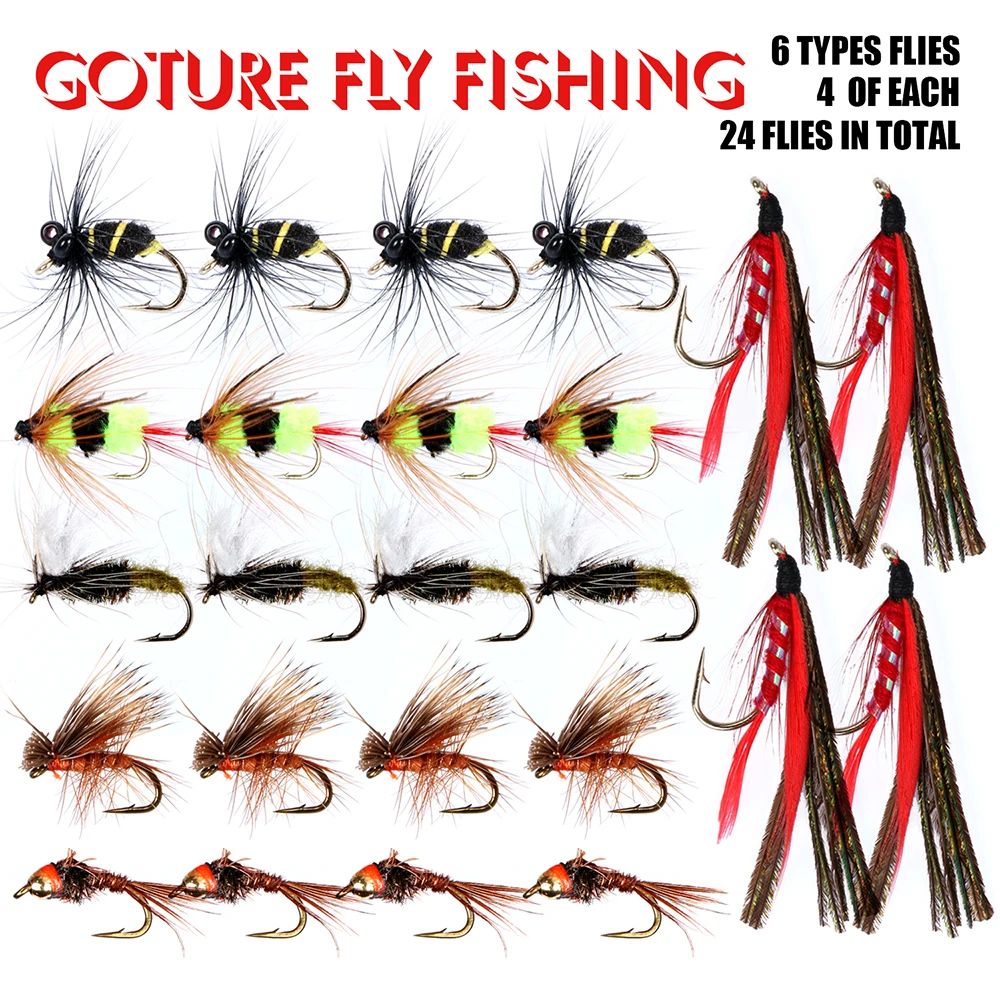 Goture 16 шт./24 шт. муха мухи комплект с водостойким Pocketed Fly Box для форели Рыбалка