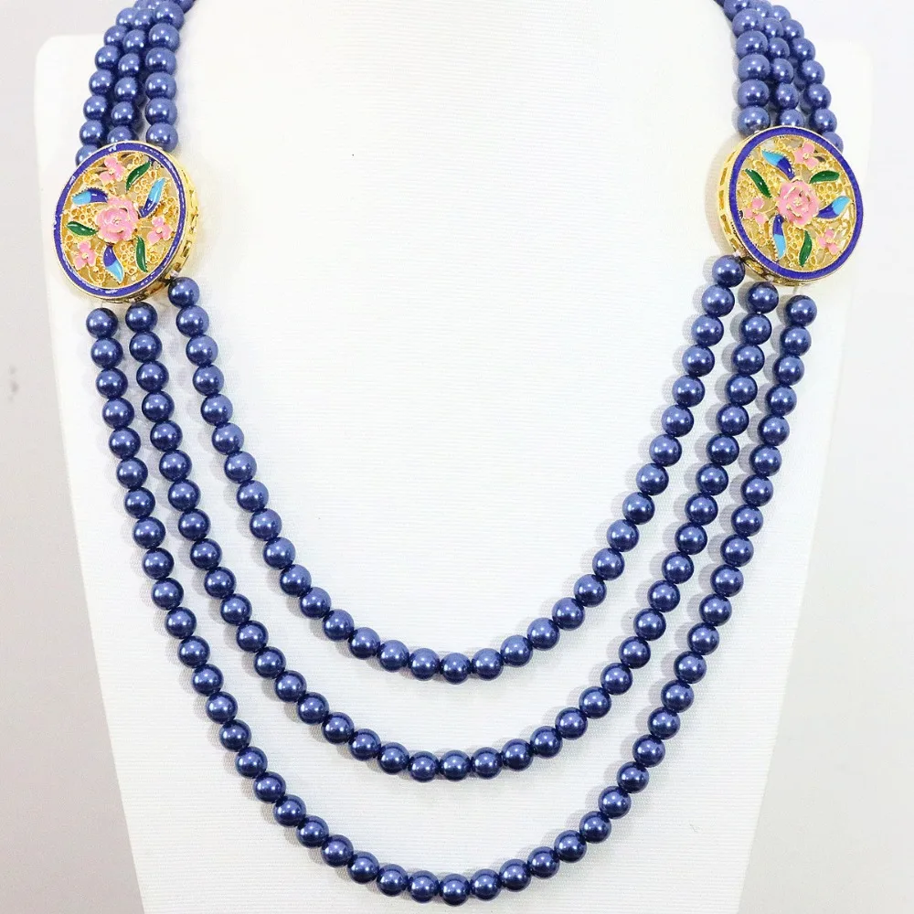 

Simulated-pearl shell 6mm mix-color round beads 3rows unique design gold-color flower accessories jewelry necklace 28-32"B1189