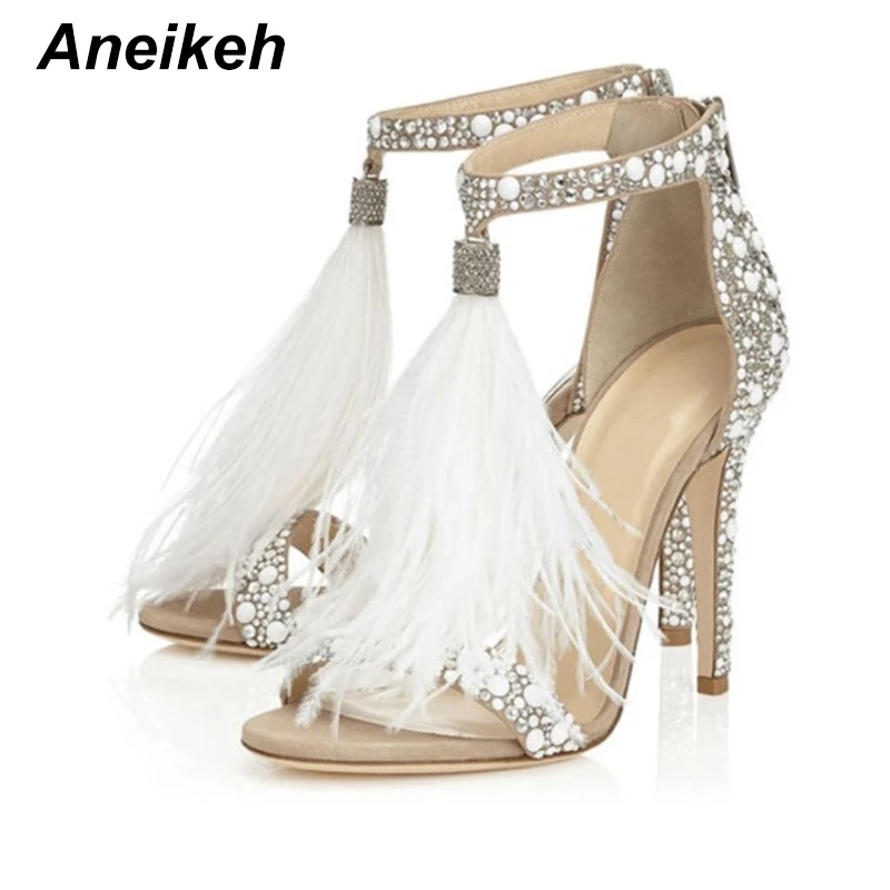 Aneikeh женские босоножки женские туфли-лодочки летние брендовые меховые Стразы Перо белые свадебные туфли на высоком каблуке Для женщин свадебные туфли-лодочки абрикос
