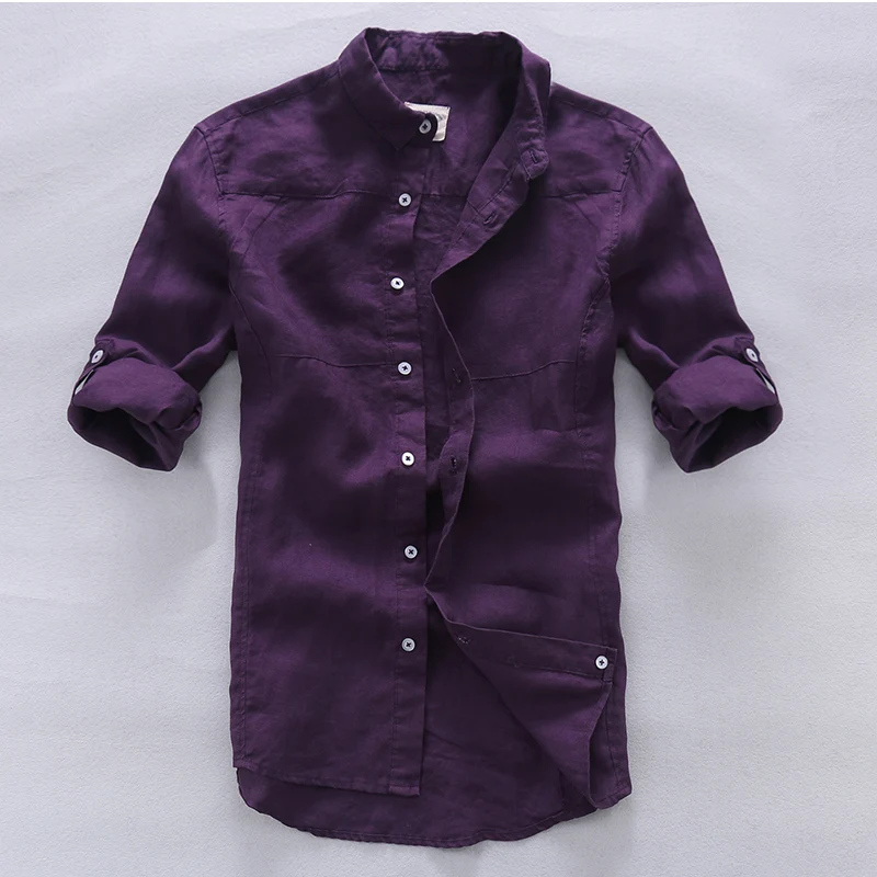 Мужская льняная рубашка с длинным рукавом фиолетовая|chemise fashion|man man shirtlinen shirts men |