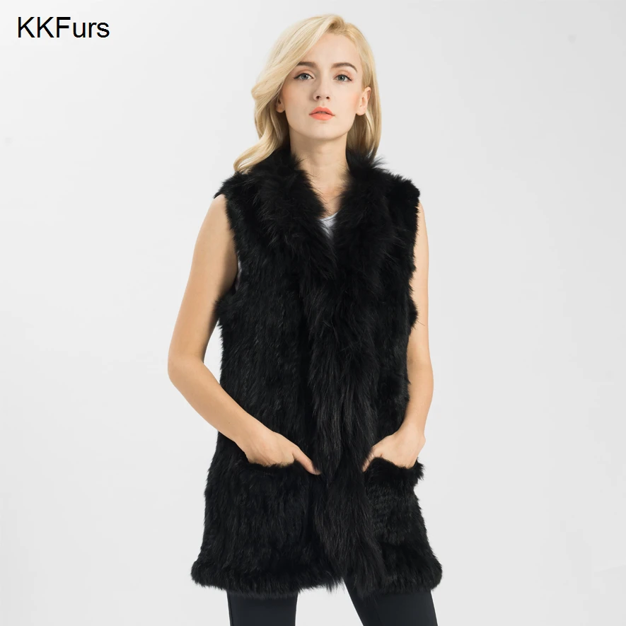 JKKFURS 2019 новый стиль с натуральным кроличьим мехом жилет карманом осенне зимняя