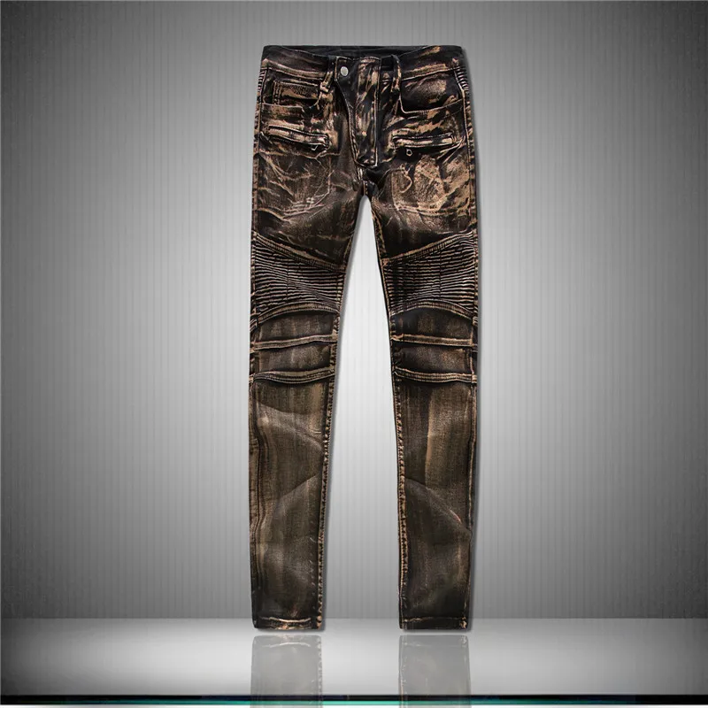 Newsosoo Для мужчин модные покрытием байкерские Джинсы Марка NEW Fashion Hi Street плиссированные мотоцикл джинсовые брюки для мужчин, покрытие золотом серебром Moto джинсы для женщин - Цвет: Коричневый