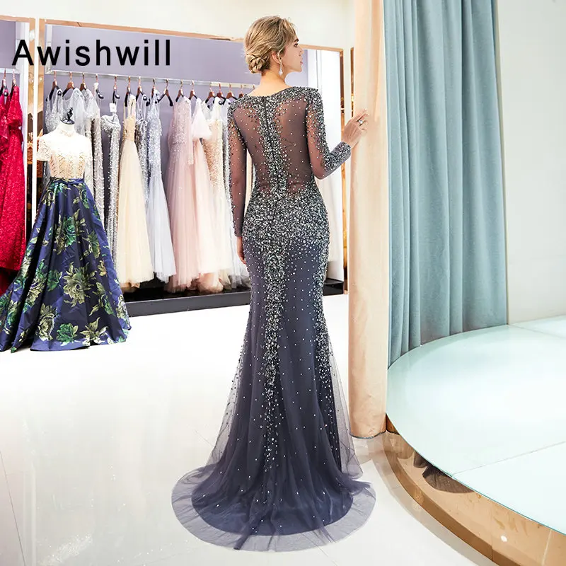 Женское вечернее платье-русалка длинное прозрачное платье с длинным рукавом и