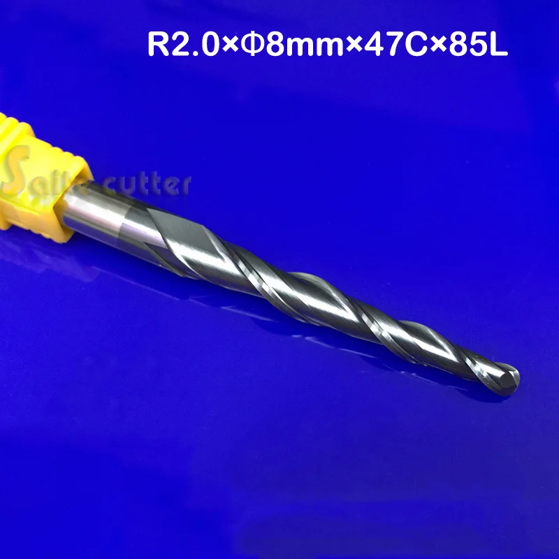 

1pc R2.0*D8*47*85L*2F HRC55 long flute Tungsten carbide Coated Tapered Ball Nose End Mill cone type cnc Router milling cutter