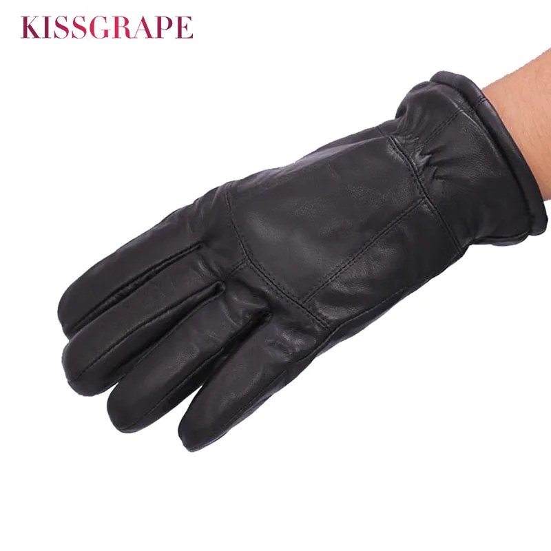Plus Velvet New Men's Genuine Leather Gloves Real Sheepskin Black Cotton Padded Gloves Fashion Brand Winter Warm Mittens Guantes