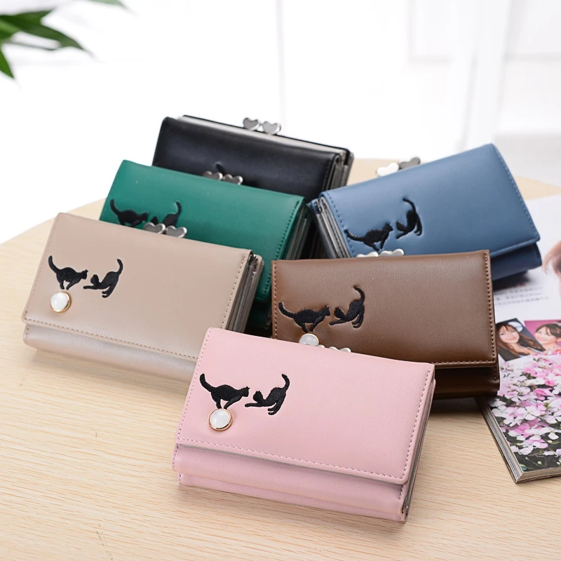 Короткий кошелек с двумя кошками многокарточный студенческий трехслойный