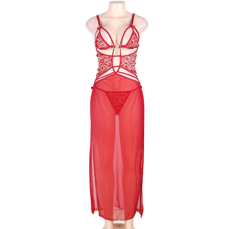 Red Long Babydoll Сексуальное платье, Прозрачное нижнее белье Belle detette, длинные женские ночные рубашки, Эротическое платье с v-образным вырезом, нижнее белье, большие размеры, RW80205 - Цвет: Red Long Babydoll
