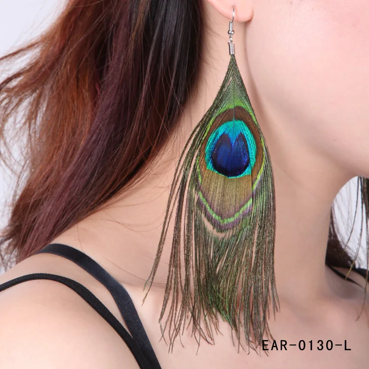 Женские серьги с перьями павлина винтажные длинные серьги-подвески