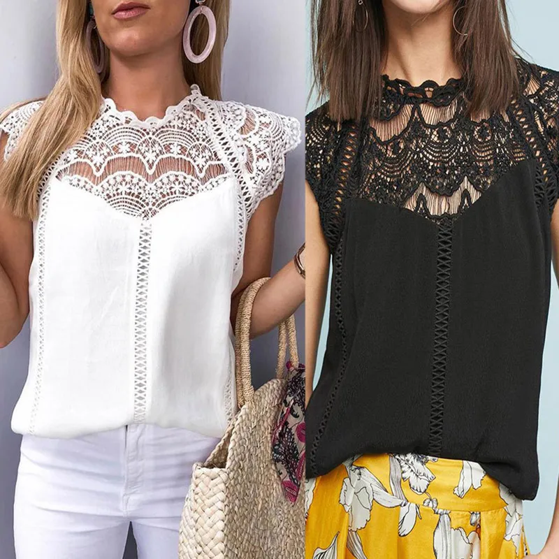 Женский кружевной лоскутный шифоновый топ без рукавов с v образным вырезом на