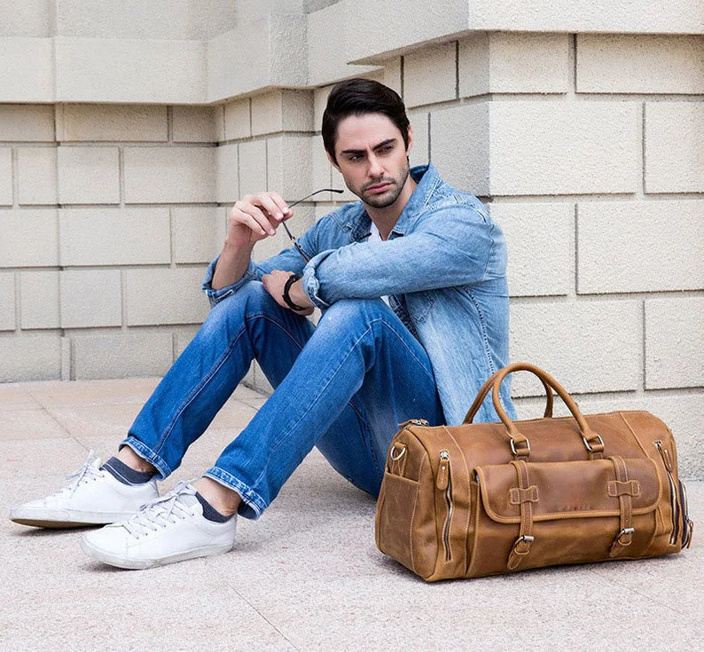 Crazy Horse Leather Duffel With Shoes Pouch Handmade Travel Bag Vacation Holdall Personalized Overnight Distressed |