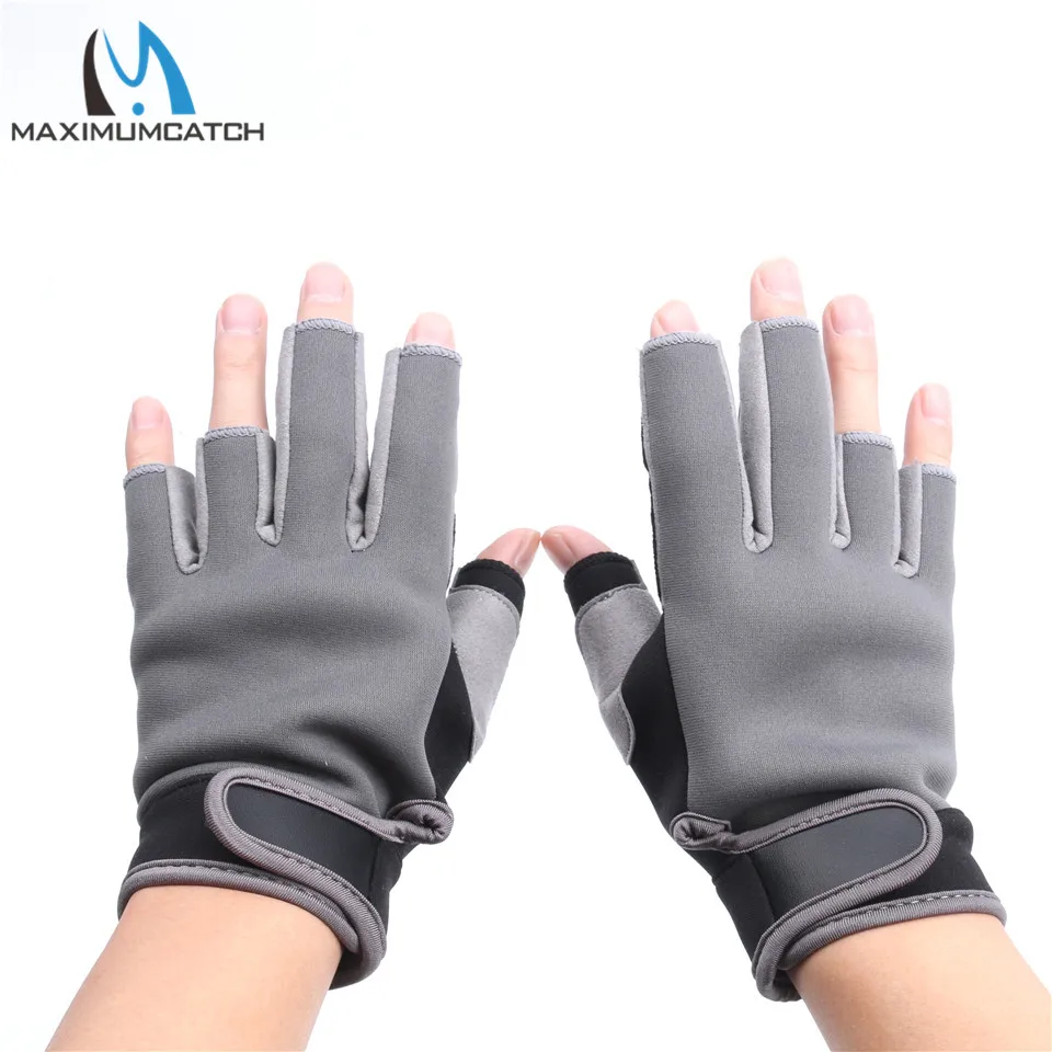 

Maximumcatch 1 Pair Half-Finger Elastic Neoprene Fishing Gloves Waterproof Anti-Slip Fishing Gloves Black & Grey Color