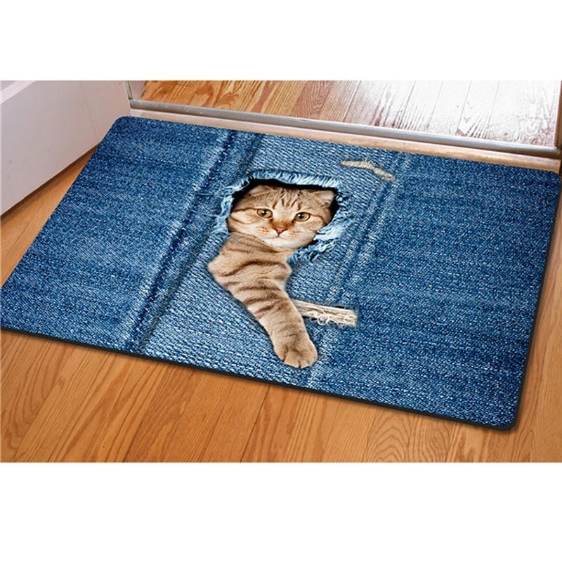 

Cute Cat Floor Mat Washable Denim Cat Rug Bath Mats Foot Pad Home Decor Non-Slip Kitchen Bathroom Living Room Mats