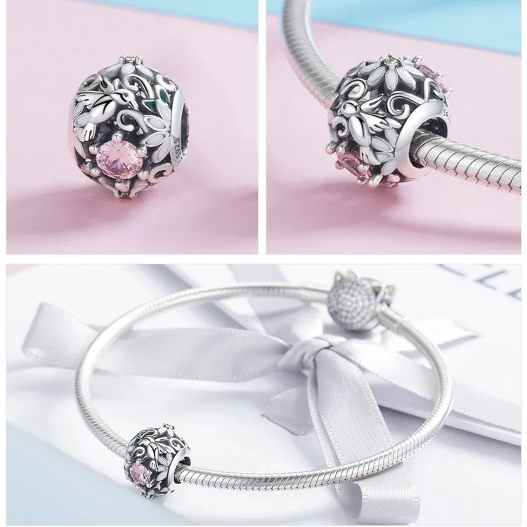 Серебряный S925 fit Pandora браслет Маргаритка Снежинка Единорог Жук бусины кролик 925 DIY Циркон Скелет перо мир руки талисманы