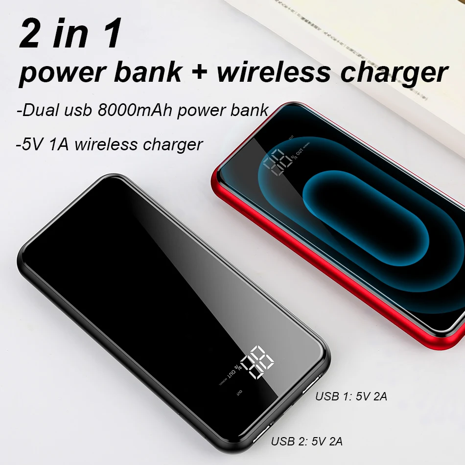 Baseus 8000 мАч Qi Беспроводное зарядное устройство, внешний аккумулятор для iPhone, samsung, внешний аккумулятор, двойное USB зарядное устройство, беспроводной внешний аккумулятор