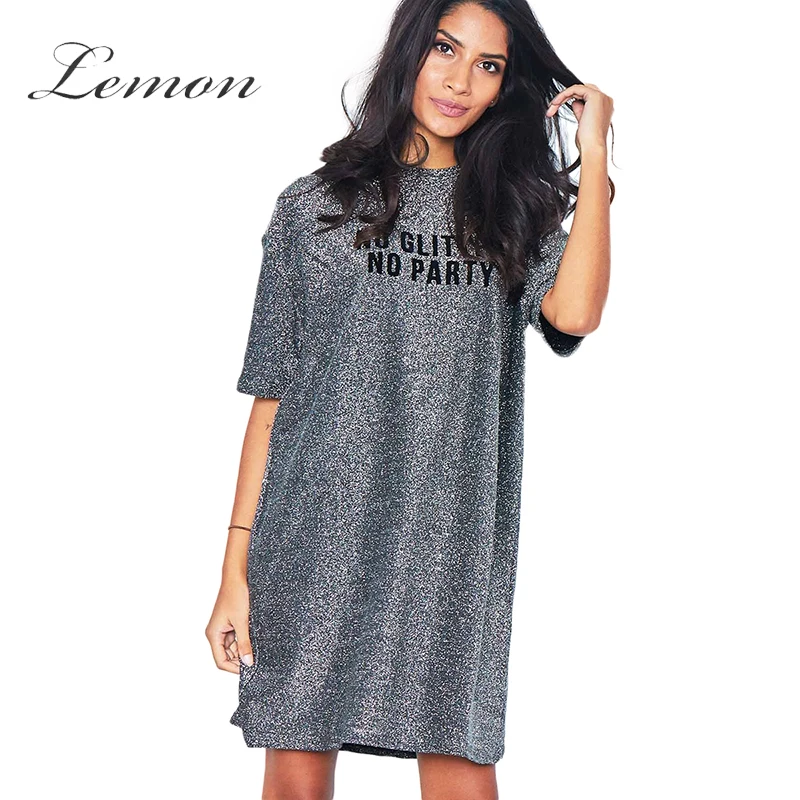 Лимон Femal свободные прямые платье с блестками принтом букв О-образным вырезом
