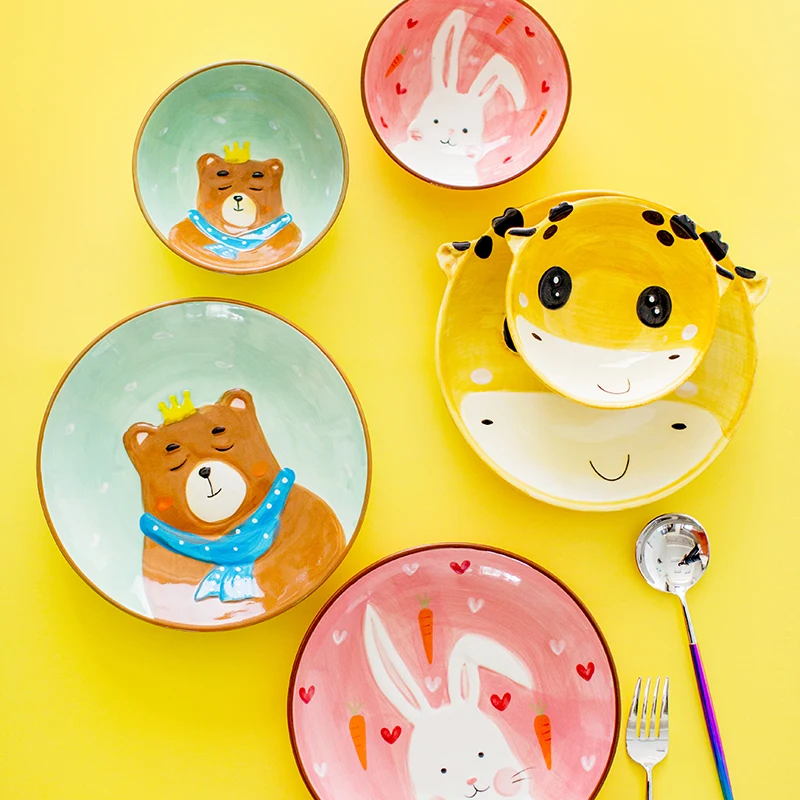 Японский цвет глазури детская ручная роспись животных плиты рисом одежда с