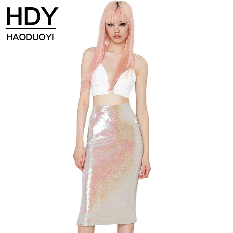 HDY Haoduoyi 2019 Модная блестящая юбка карандаш градиентного цвета с высокой талией