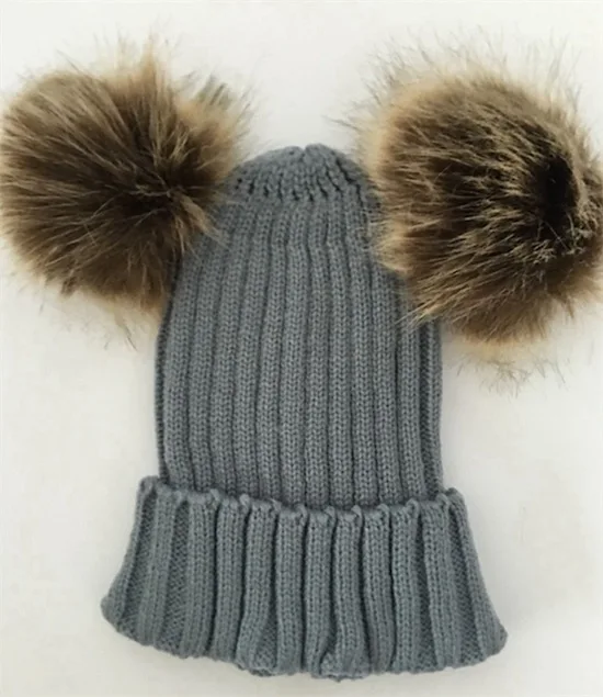grey beanie Шапка Ponpon с помпоном, милая мягкая вязаная Шапочка, помпон из искуственного меха, розовая Зимняя шапка, женская теплая шапка с ушками, лыжная кавайная шапка - Цвет: grey beanie