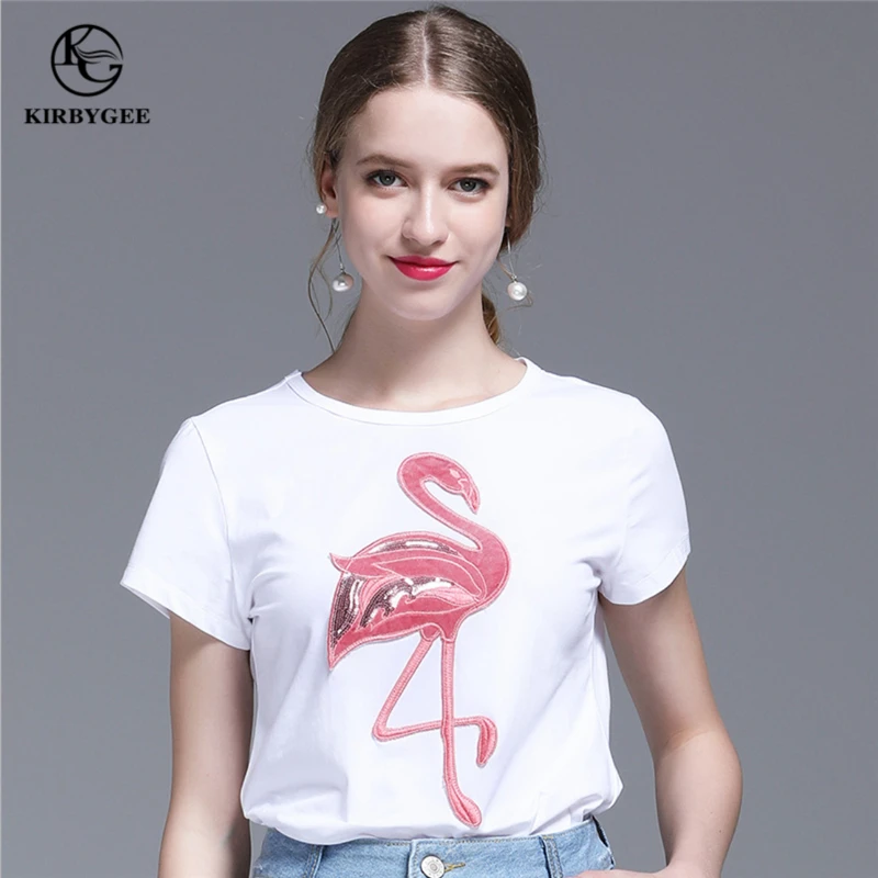 Irbygee Повседневная футболка с Фламинго вышивкой животных 100% хлопок для женщин