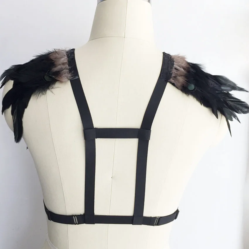 Эластичный черный бюстгальтер с черными крылышками перьями эполетами|body harness cage