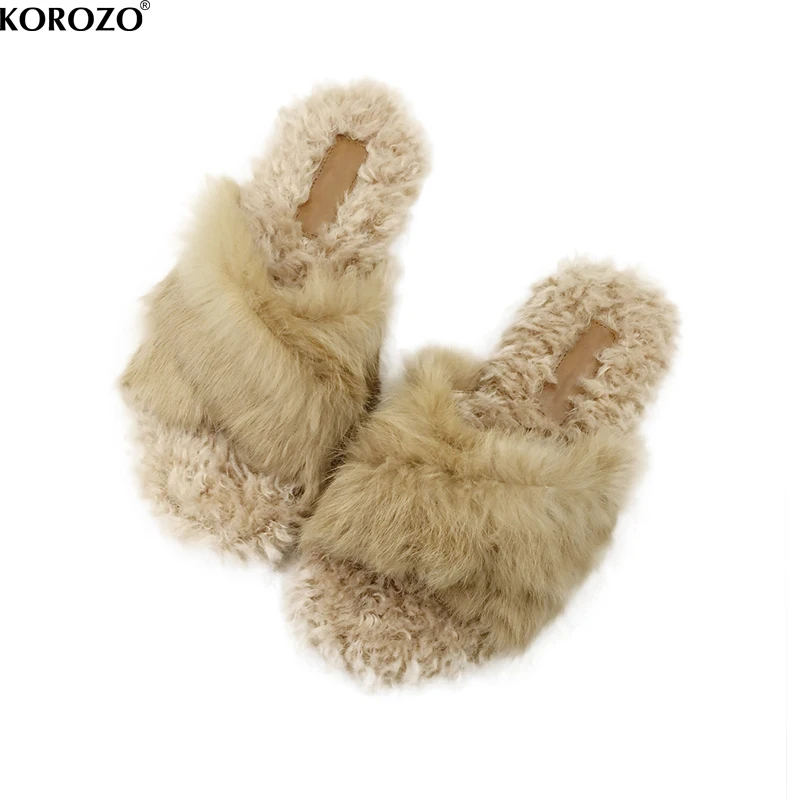 Для женщин Тапочки из натурального кроличьего меха крест группа модная обувь на