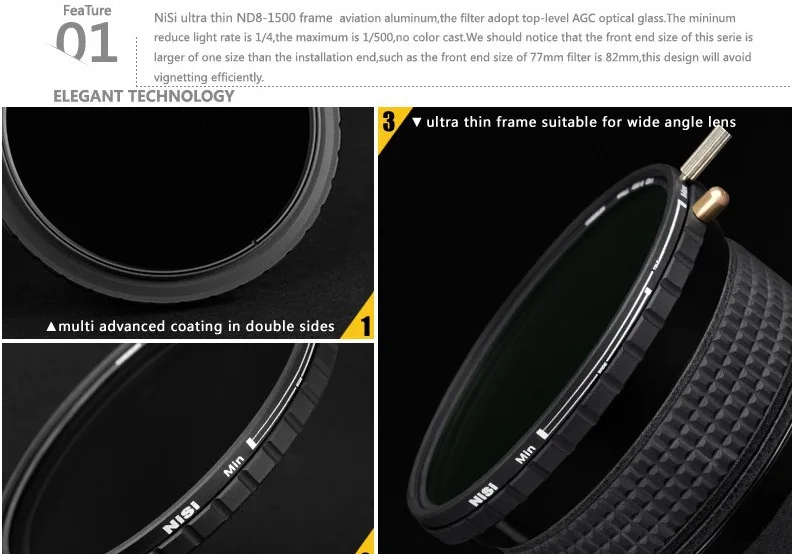 НИСИ стекло тонкий ND8-1500 нейтральной плотности фейдер фильтр регулируемый 67 72 77 82 мм