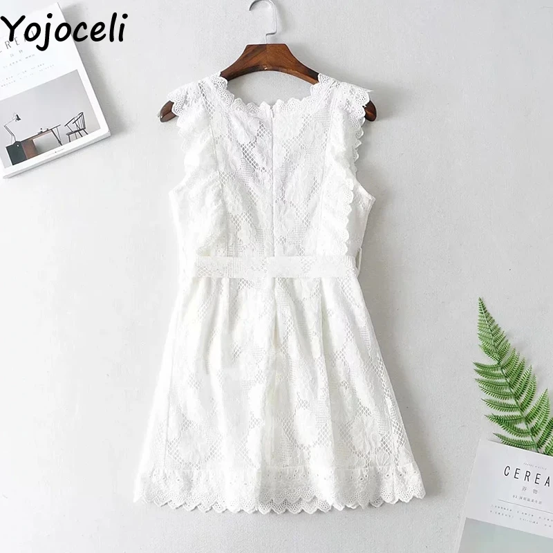 Женское короткое Кружевное платье Yojoceli белое пляжное с поясом и цветочным