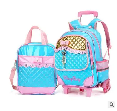blue with handbag Школьная сумка с колесами для девочек s детские багажные рюкзаки с колесиками рюкзаки на колесах для девочек рюкзак-тележка для школы сумка для девочек - Цвет: blue with handbag
