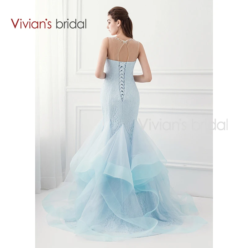 Vivian's Bridal Tiffany Blue Mermaid Prom Dress Sleeveless Lace Crystal Organza Evening Party WD360-17 | Свадьбы и торжества