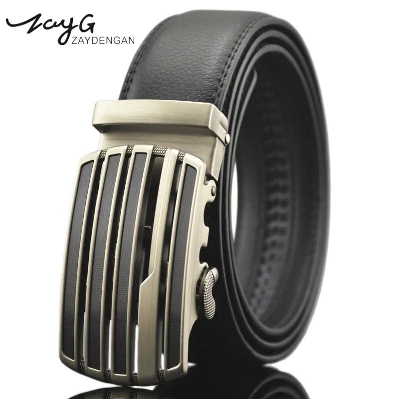 

ZAYG Fashion Men Metal Automatic Buckle Leather Luxury Belts Designers Business Male Alloy Buckle for Belt Openwork Stripes Belt
